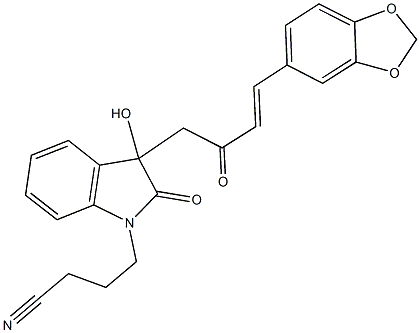 4-{3-[4-(1,3-benzodioxol-5-yl)-2-oxo-3-butenyl]-3-hydroxy-2-oxo-2,3-dihydro-1H-indol-1-yl}butanenitrile Struktur