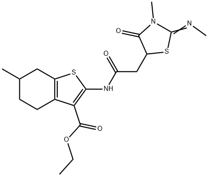 ethyl 6-methyl-2-({[3-methyl-2-(methylimino)-4-oxo-1,3-thiazolidin-5-yl]acetyl}amino)-4,5,6,7-tetrahydro-1-benzothiophene-3-carboxylate Struktur