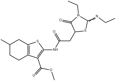 methyl 2-({[3-ethyl-2-(ethylimino)-4-oxo-1,3-thiazolidin-5-yl]acetyl}amino)-6-methyl-4,5,6,7-tetrahydro-1-benzothiophene-3-carboxylate Struktur