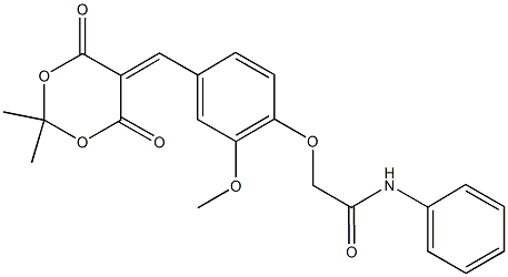 2-{4-[(2,2-dimethyl-4,6-dioxo-1,3-dioxan-5-ylidene)methyl]-2-methoxyphenoxy}-N-phenylacetamide Struktur