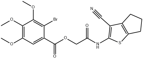 2-[(3-cyano-5,6-dihydro-4H-cyclopenta[b]thien-2-yl)amino]-2-oxoethyl 2-bromo-3,4,5-trimethoxybenzoate Struktur