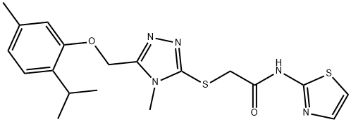 2-({5-[(2-isopropyl-5-methylphenoxy)methyl]-4-methyl-4H-1,2,4-triazol-3-yl}sulfanyl)-N-(1,3-thiazol-2-yl)acetamide Struktur