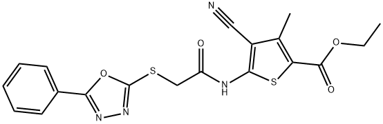 ethyl4-cyano-3-methyl-5-({[(5-phenyl-1,3,4-oxadiazol-2-yl)thio]acetyl}amino)-2-thiophenecarboxylate Struktur