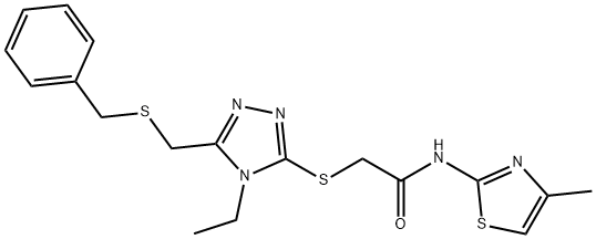 2-({5-[(benzylsulfanyl)methyl]-4-ethyl-4H-1,2,4-triazol-3-yl}sulfanyl)-N-(4-methyl-1,3-thiazol-2-yl)acetamide Struktur