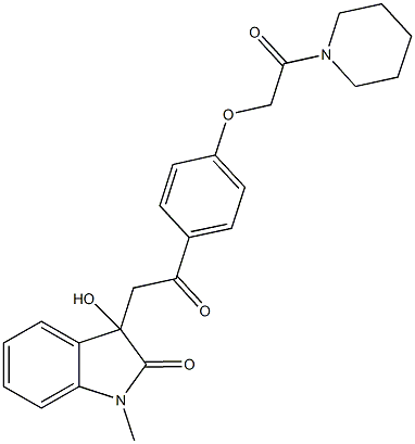 3-hydroxy-1-methyl-3-(2-oxo-2-{4-[2-oxo-2-(1-piperidinyl)ethoxy]phenyl}ethyl)-1,3-dihydro-2H-indol-2-one Struktur