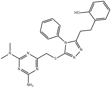 2-{2-[5-({[4-amino-6-(dimethylamino)-1,3,5-triazin-2-yl]methyl}sulfanyl)-4-phenyl-4H-1,2,4-triazol-3-yl]ethyl}phenol Struktur