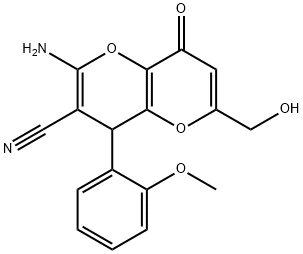 2-amino-6-(hydroxymethyl)-4-(2-methoxyphenyl)-8-oxo-4,8-dihydropyrano[3,2-b]pyran-3-carbonitrile Struktur