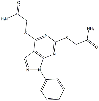 2-({4-[(2-amino-2-oxoethyl)sulfanyl]-1-phenyl-1H-pyrazolo[3,4-d]pyrimidin-6-yl}sulfanyl)acetamide Struktur