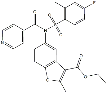 ethyl 5-[[(4-fluoro-2-methylphenyl)sulfonyl](isonicotinoyl)amino]-2-methyl-1-benzofuran-3-carboxylate Struktur