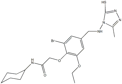 2-(2-bromo-6-ethoxy-4-{[(3-methyl-5-sulfanyl-4H-1,2,4-triazol-4-yl)amino]methyl}phenoxy)-N-cyclohexylacetamide Struktur