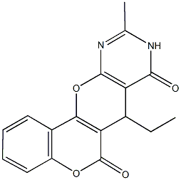 7-ethyl-10-methyl-7,9-dihydro-6H,8H-chromeno[3',4':5,6]pyrano[2,3-d]pyrimidine-6,8-dione Struktur