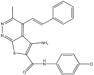 5-amino-N-(4-chlorophenyl)-3-methyl-4-(2-phenylvinyl)thieno[2,3-c]pyridazine-6-carboxamide Struktur