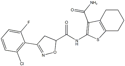 N-[3-(aminocarbonyl)-4,5,6,7-tetrahydro-1-benzothien-2-yl]-3-(2-chloro-6-fluorophenyl)-4,5-dihydro-5-isoxazolecarboxamide Struktur