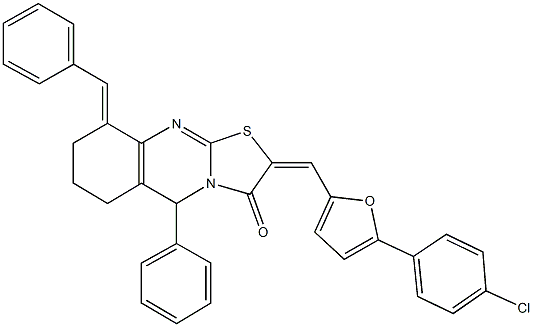 9-benzylidene-2-{[5-(4-chlorophenyl)-2-furyl]methylene}-5-phenyl-6,7,8,9-tetrahydro-5H-[1,3]thiazolo[2,3-b]quinazolin-3(2H)-one Struktur