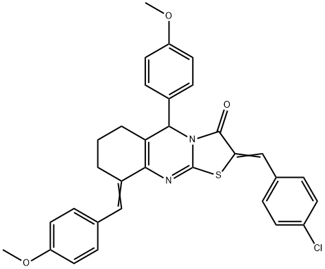 2-(4-chlorobenzylidene)-9-(4-methoxybenzylidene)-5-(4-methoxyphenyl)-6,7,8,9-tetrahydro-5H-[1,3]thiazolo[2,3-b]quinazolin-3(2H)-one Struktur