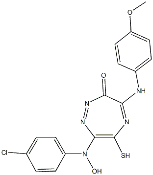 7-[4-chloro(hydroxy)anilino]-6-mercapto-4-(4-methoxyanilino)-3H-1,2,5-triazepin-3-one Struktur