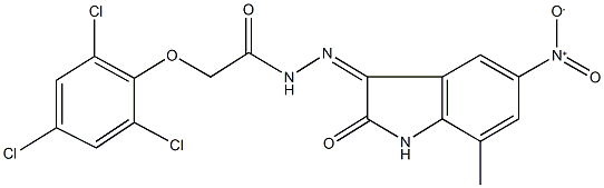 N'-{5-nitro-7-methyl-2-oxo-1,2-dihydro-3H-indol-3-ylidene}-2-(2,4,6-trichlorophenoxy)acetohydrazide Struktur