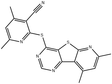 2-[(7,9-dimethylpyrido[3',2':4,5]thieno[3,2-d]pyrimidin-4-yl)sulfanyl]-4,6-dimethylnicotinonitrile Struktur