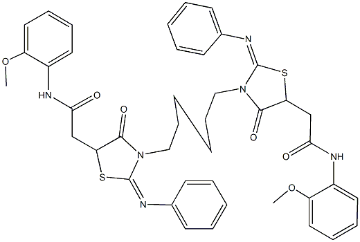 2-[3-{6-[5-[2-(2-methoxyanilino)-2-oxoethyl]-4-oxo-2-(phenylimino)-1,3-thiazolidin-3-yl]hexyl}-4-oxo-2-(phenylimino)-1,3-thiazolidin-5-yl]-N-(2-methoxyphenyl)acetamide Struktur