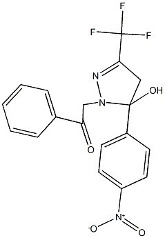 2-[5-hydroxy-5-{4-nitrophenyl}-3-(trifluoromethyl)-4,5-dihydro-1H-pyrazol-1-yl]-1-phenylethanone Struktur