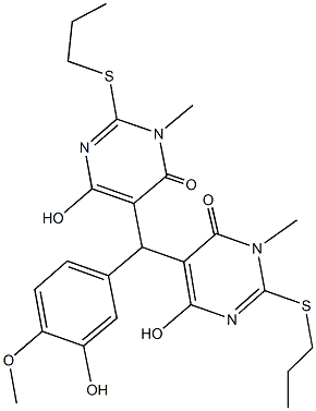 6-hydroxy-5-{(3-hydroxy-4-methoxyphenyl)[4-hydroxy-1-methyl-6-oxo-2-(propylsulfanyl)-1,6-dihydro-5-pyrimidinyl]methyl}-3-methyl-2-(propylsulfanyl)-4(3H)-pyrimidinone Struktur