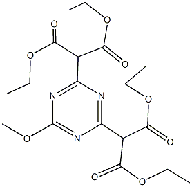 diethyl 2-{4-[2-ethoxy-1-(ethoxycarbonyl)-2-oxoethyl]-6-methoxy-1,3,5-triazin-2-yl}malonate Struktur