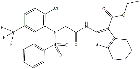 ethyl 2-({[2-chloro(phenylsulfonyl)-5-(trifluoromethyl)anilino]acetyl}amino)-4,5,6,7-tetrahydro-1-benzothiophene-3-carboxylate Struktur