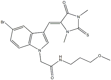 2-{5-bromo-3-[(1,3-dimethyl-5-oxo-2-thioxo-4-imidazolidinylidene)methyl]-1H-indol-1-yl}-N-(3-methoxypropyl)acetamide Struktur