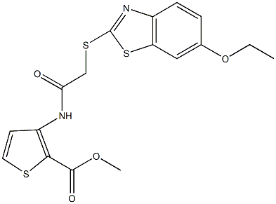 methyl 3-({[(6-ethoxy-1,3-benzothiazol-2-yl)sulfanyl]acetyl}amino)-2-thiophenecarboxylate Struktur