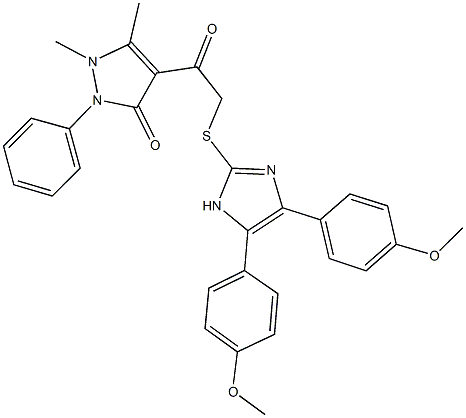 4-({[4,5-bis(4-methoxyphenyl)-1H-imidazol-2-yl]sulfanyl}acetyl)-1,5-dimethyl-2-phenyl-1,2-dihydro-3H-pyrazol-3-one Struktur