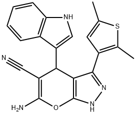 6-amino-3-(2,5-dimethyl-3-thienyl)-4-(1H-indol-3-yl)-1,4-dihydropyrano[2,3-c]pyrazole-5-carbonitrile Struktur