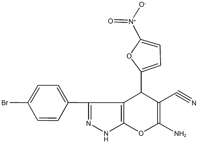 6-amino-3-(4-bromophenyl)-4-{5-nitro-2-furyl}-1,4-dihydropyrano[2,3-c]pyrazole-5-carbonitrile Struktur