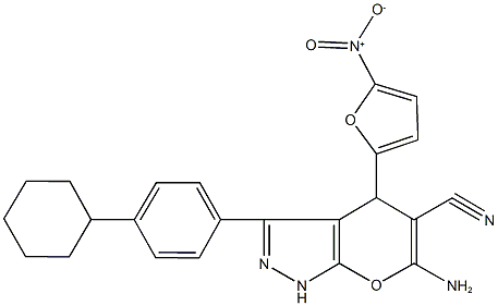 6-amino-3-(4-cyclohexylphenyl)-4-{5-nitro-2-furyl}-1,4-dihydropyrano[2,3-c]pyrazole-5-carbonitrile Struktur