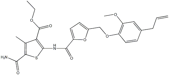 ethyl 2-({5-[(4-allyl-2-methoxyphenoxy)methyl]-2-furoyl}amino)-5-(aminocarbonyl)-4-methyl-3-thiophenecarboxylate Struktur