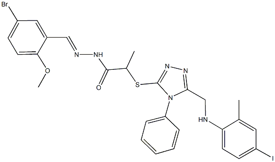 N'-(5-bromo-2-methoxybenzylidene)-2-({5-[(4-iodo-2-methylanilino)methyl]-4-phenyl-4H-1,2,4-triazol-3-yl}sulfanyl)propanohydrazide Struktur