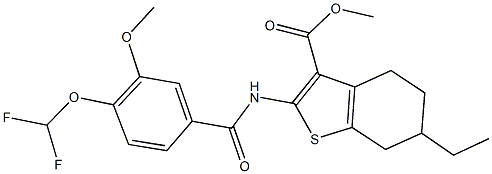 methyl 2-{[4-(difluoromethoxy)-3-methoxybenzoyl]amino}-6-ethyl-4,5,6,7-tetrahydro-1-benzothiophene-3-carboxylate Struktur