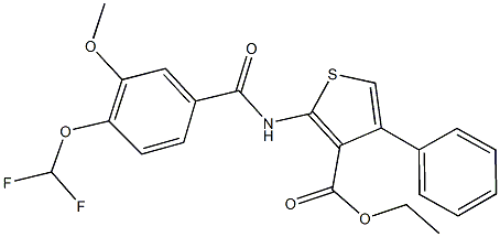 ethyl 2-{[4-(difluoromethoxy)-3-methoxybenzoyl]amino}-4-phenyl-3-thiophenecarboxylate Struktur