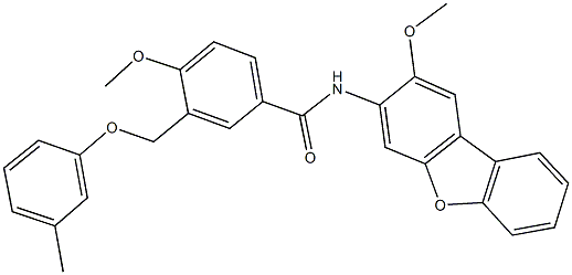 4-methoxy-N-(2-methoxydibenzo[b,d]furan-3-yl)-3-[(3-methylphenoxy)methyl]benzamide Struktur