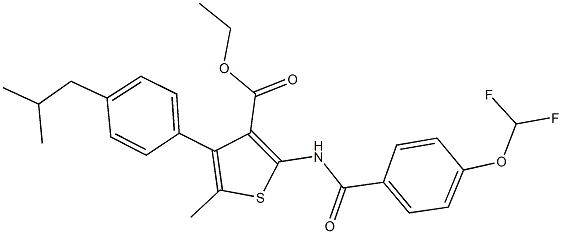 ethyl 2-{[4-(difluoromethoxy)benzoyl]amino}-4-(4-isobutylphenyl)-5-methyl-3-thiophenecarboxylate Struktur