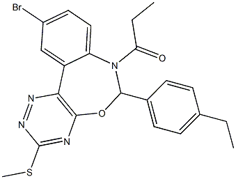 10-bromo-6-(4-ethylphenyl)-3-(methylsulfanyl)-7-propionyl-6,7-dihydro[1,2,4]triazino[5,6-d][3,1]benzoxazepine Struktur