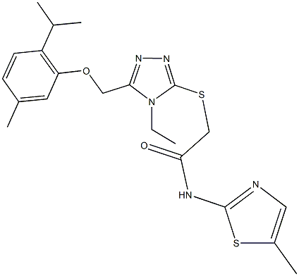 2-({4-ethyl-5-[(2-isopropyl-5-methylphenoxy)methyl]-4H-1,2,4-triazol-3-yl}sulfanyl)-N-(5-methyl-1,3-thiazol-2-yl)acetamide Struktur