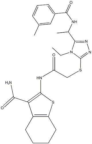 2-({[(4-ethyl-5-{1-[(3-methylbenzoyl)amino]ethyl}-4H-1,2,4-triazol-3-yl)sulfanyl]acetyl}amino)-4,5,6,7-tetrahydro-1-benzothiophene-3-carboxamide Struktur