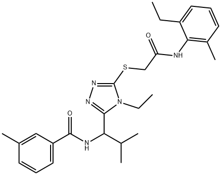 N-[1-(4-ethyl-5-{[2-(2-ethyl-6-methylanilino)-2-oxoethyl]sulfanyl}-4H-1,2,4-triazol-3-yl)-2-methylpropyl]-3-methylbenzamide Struktur