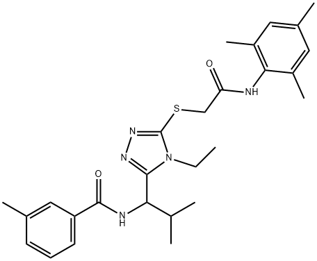 N-[1-(4-ethyl-5-{[2-(mesitylamino)-2-oxoethyl]sulfanyl}-4H-1,2,4-triazol-3-yl)-2-methylpropyl]-3-methylbenzamide Struktur