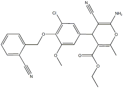 ethyl 6-amino-4-{3-chloro-4-[(2-cyanobenzyl)oxy]-5-methoxyphenyl}-5-cyano-2-methyl-4H-pyran-3-carboxylate Struktur