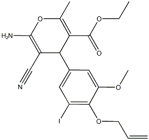 ethyl 4-[4-(allyloxy)-3-iodo-5-methoxyphenyl]-6-amino-5-cyano-2-methyl-4H-pyran-3-carboxylate Struktur