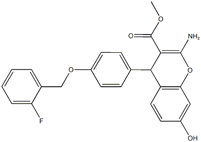 methyl 2-amino-4-{4-[(2-fluorobenzyl)oxy]phenyl}-7-hydroxy-4H-chromene-3-carboxylate Struktur