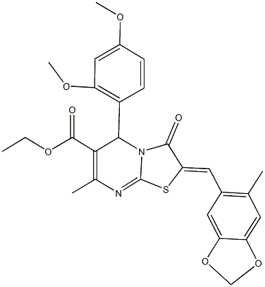 ethyl 5-(2,4-dimethoxyphenyl)-7-methyl-2-[(6-methyl-1,3-benzodioxol-5-yl)methylene]-3-oxo-2,3-dihydro-5H-[1,3]thiazolo[3,2-a]pyrimidine-6-carboxylate Struktur