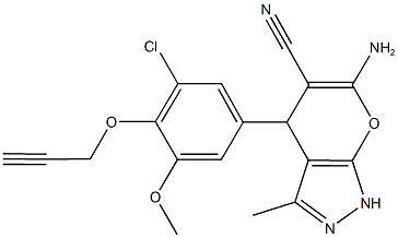 6-amino-4-[3-chloro-5-methoxy-4-(2-propynyloxy)phenyl]-3-methyl-1,4-dihydropyrano[2,3-c]pyrazole-5-carbonitrile Struktur