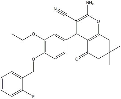 2-amino-4-{3-ethoxy-4-[(2-fluorobenzyl)oxy]phenyl}-7,7-dimethyl-5-oxo-5,6,7,8-tetrahydro-4H-chromene-3-carbonitrile Struktur